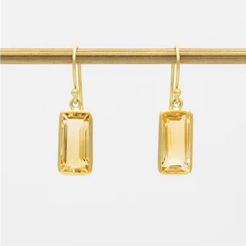 14K Gold Plated Yellow Citrine Baguette Crystal Charm Mini Hoop Drop Earrings